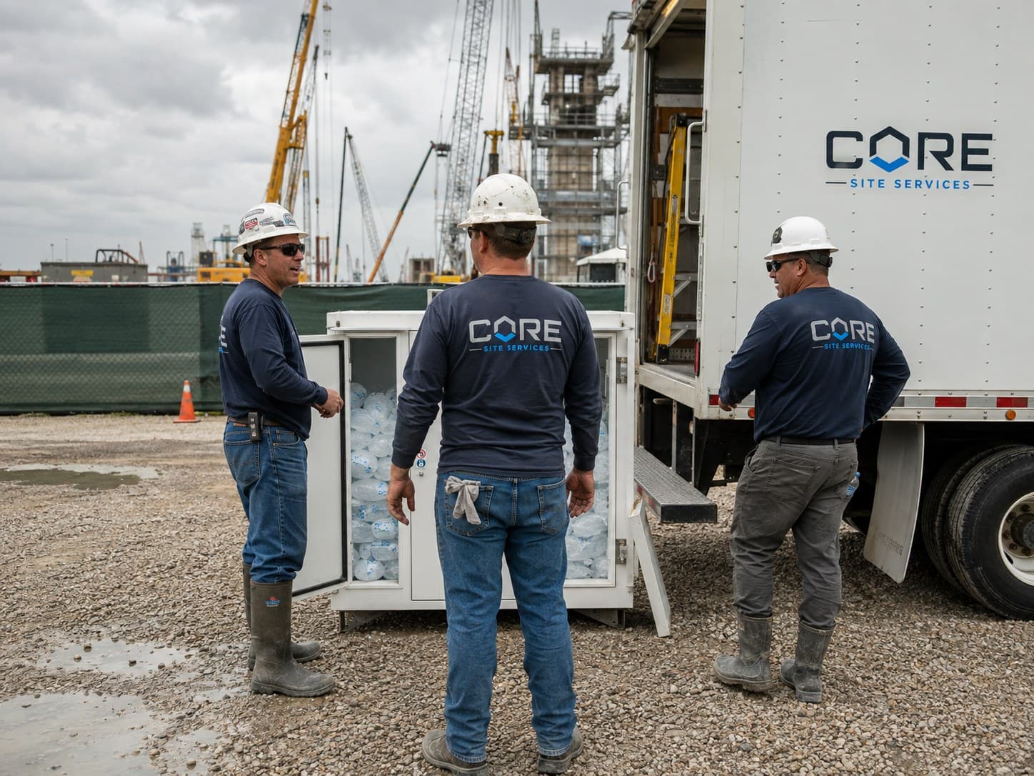 CORE Site Services crew at an ice and hydration stop on a construction campus