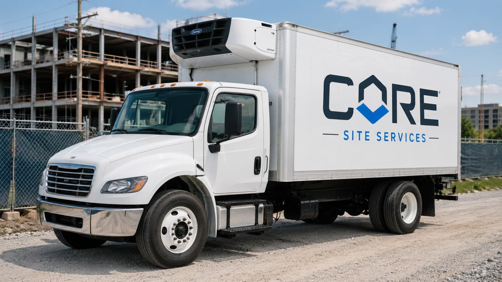 CORE Site Services ice delivery truck on a construction access road